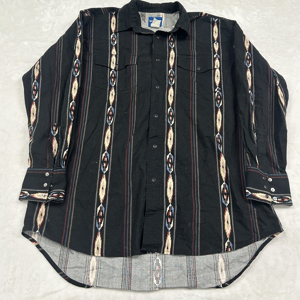 Wrangler Western Shirt Mens L Black Aztec Stripe Long Sleeve Button Down 1474